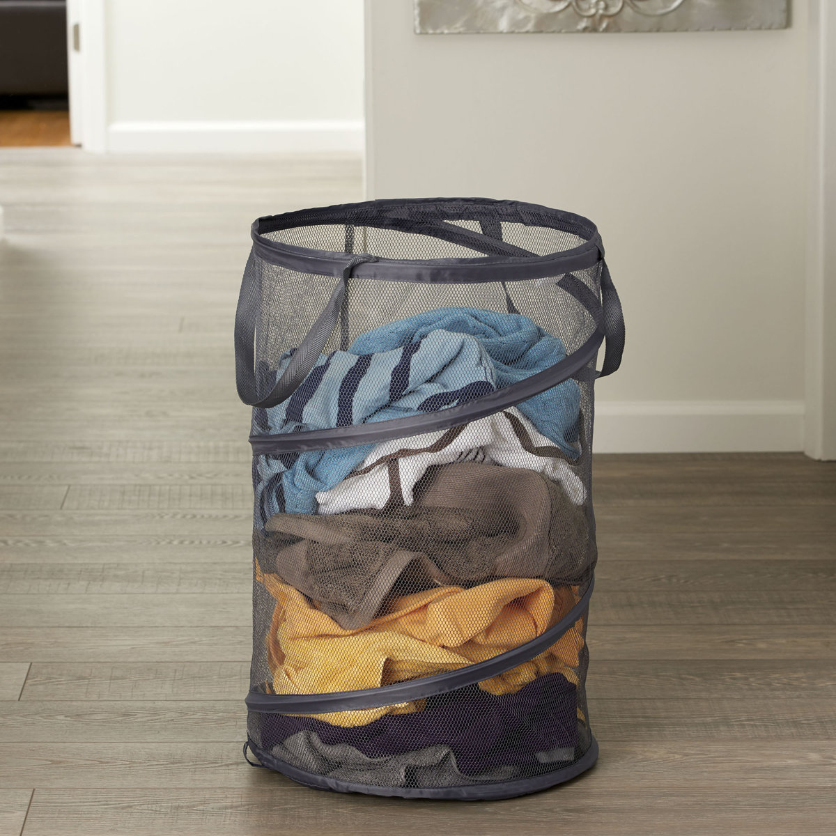 Pop-Up Mesh Laundry Hamper, Springform Steel Frame, Mesh Lining for Air Circulation, Large Capacity, Easy Set-Up, Compact Storage, Charcoal
